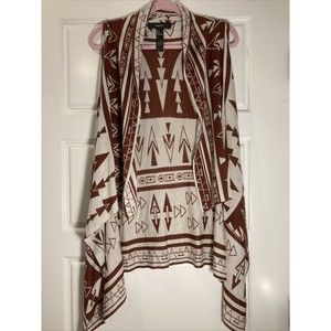 Western Chic Cardigan Duster Sweater Sleevless Viscose Brown Off White Womens S